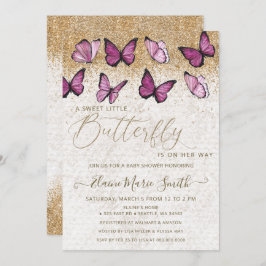 Eleganter Gold Glitzer Pink Butterfly Babydusche Einladung