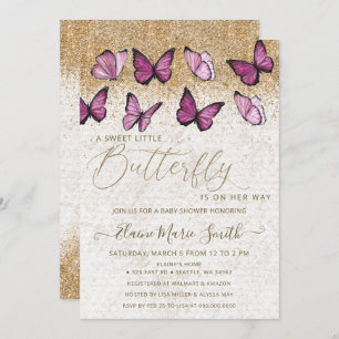 Eleganter Gold Glitzer Pink Butterfly Babydusche Einladung