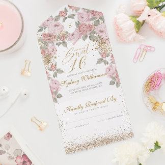 Eleganter Gold Glitzer Rosa Peony Sweet 16 Geburts All In One Einladung