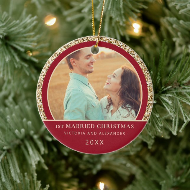 Eleganter Gold Glitzer Roter 1. Verheirateter Weih Keramik Ornament (Baum)