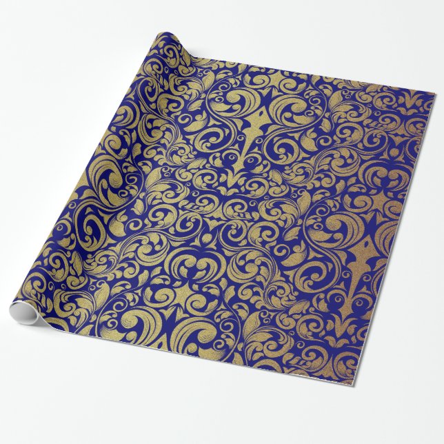 Eleganter Gold Glitzer Royal Blue Damask Geschenkpapier (Ungerollt)