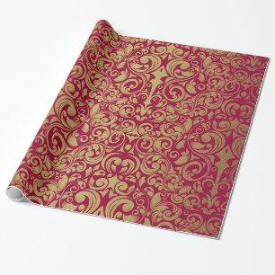 Eleganter Gold Glitzer Royal Red Damask Geschenkpapier