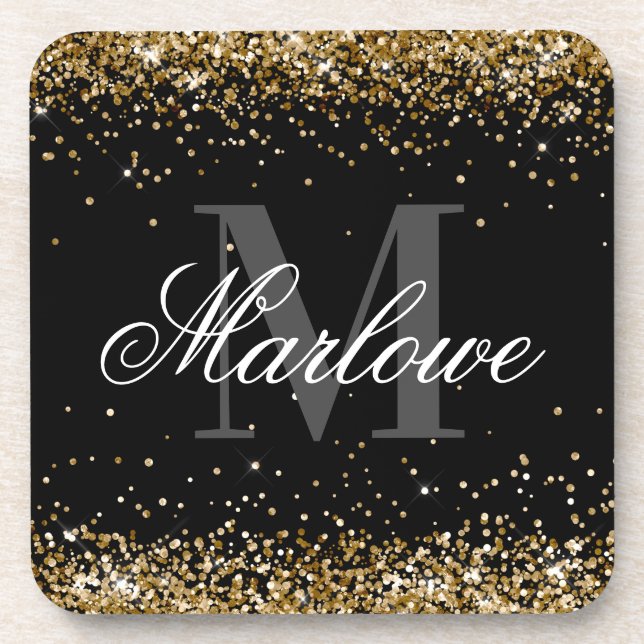 Eleganter Gold Glitzer Schwarz-weiß Monogram Getränkeuntersetzer (Vorderseite)