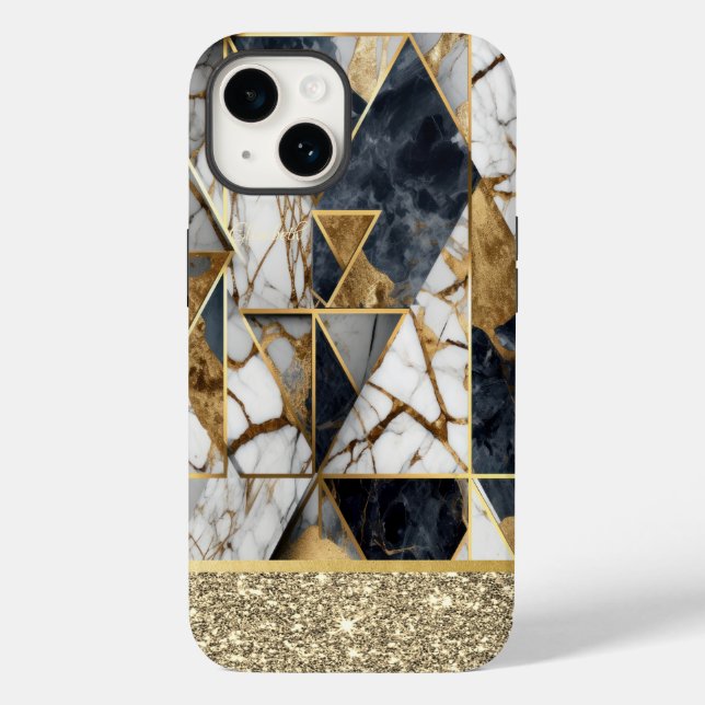 Eleganter Gold Glitzer Schwarzer Marmor Geometrisc Case-Mate iPhone Hülle (Rückseite)