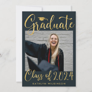 Eleganter Gold Glitzer Script Chic Blue Foto GRAD Ankündigung
