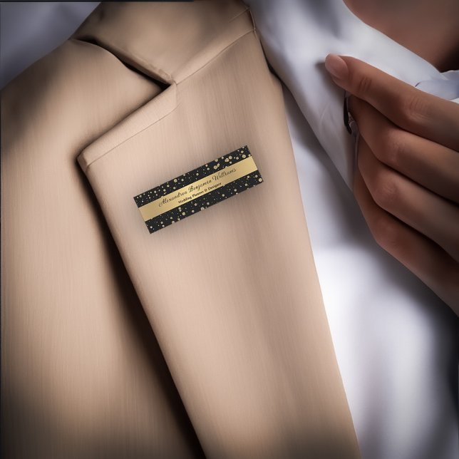 Eleganter Gold Glitzer Sparkle Namensschild (Elegant Gold Glitter Sparkle Black Personalize Name Tag  wear at work or convention. Personalize it.)