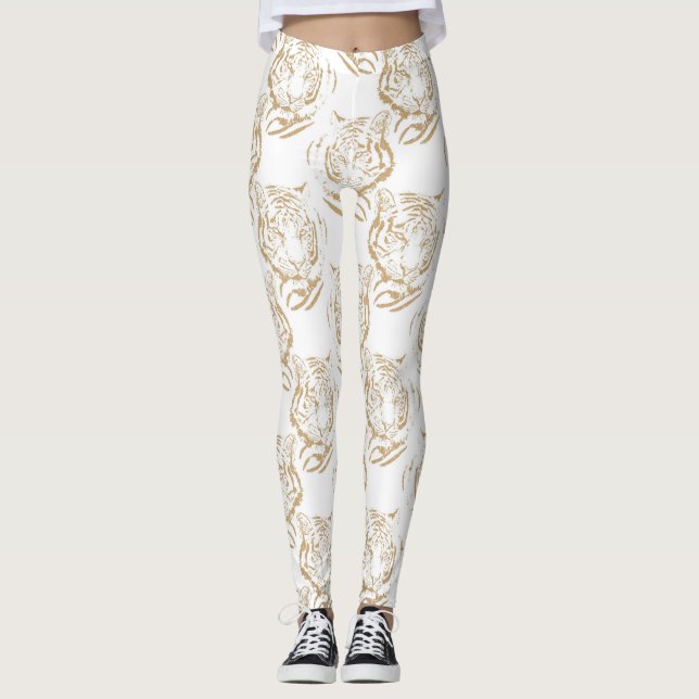 Eleganter Gold Glitzer Tiger Print White Design Leggings (Vorderseite)
