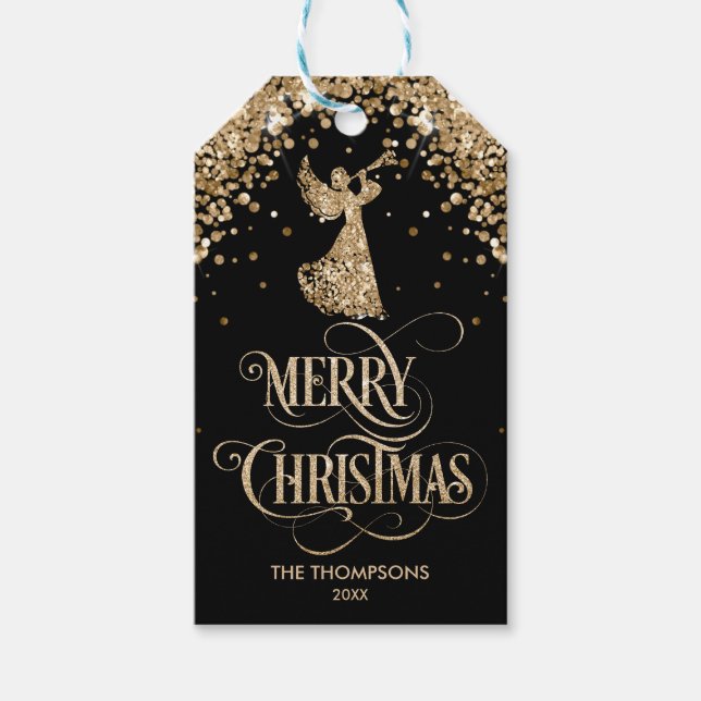 Eleganter Gold Glitzer Trumpet Angel Frohe Weihnac Geschenkanhänger (Vorderseite)