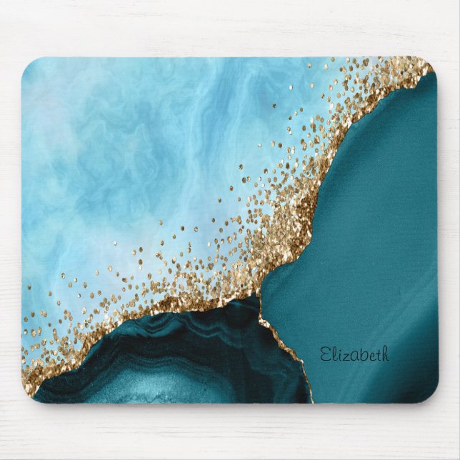 Eleganter Gold Glitzer Türkisblau Marmor Mousepad (Vorne)