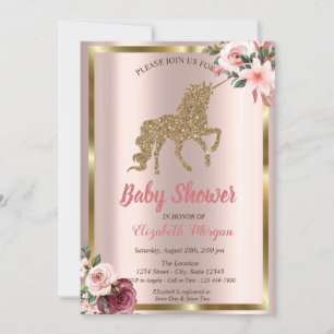 Eleganter Gold Glitzer Unicorn Blume Kinderdusche  Einladung