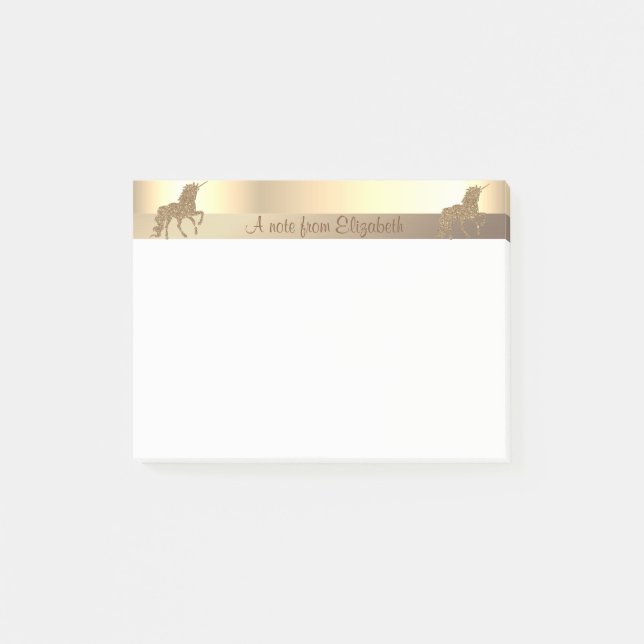 Eleganter Gold Glitzer Unicorn - Personalisiert Post-it Klebezettel (Vorderseite)