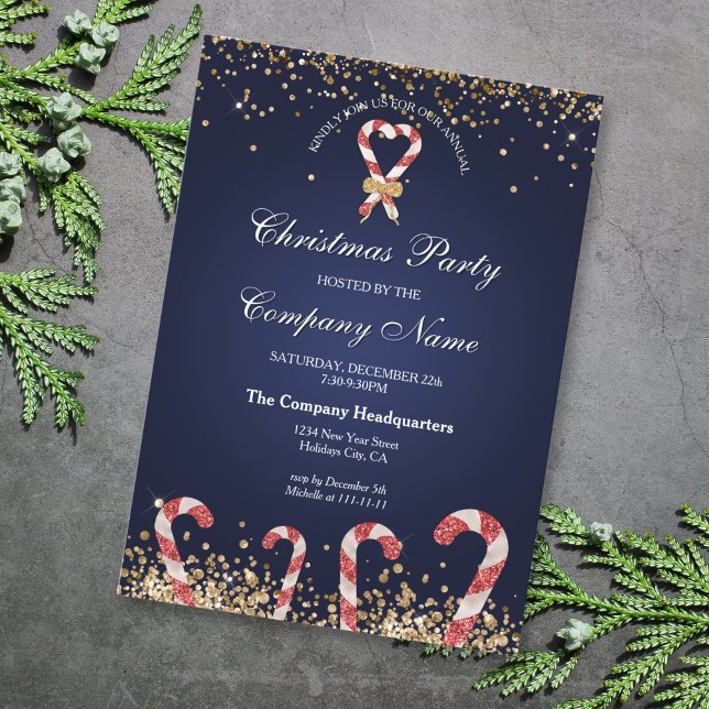 Eleganter Gold Glitzer Weihnachten Corporate Party Einladung (elegant navy glitter candy cane)