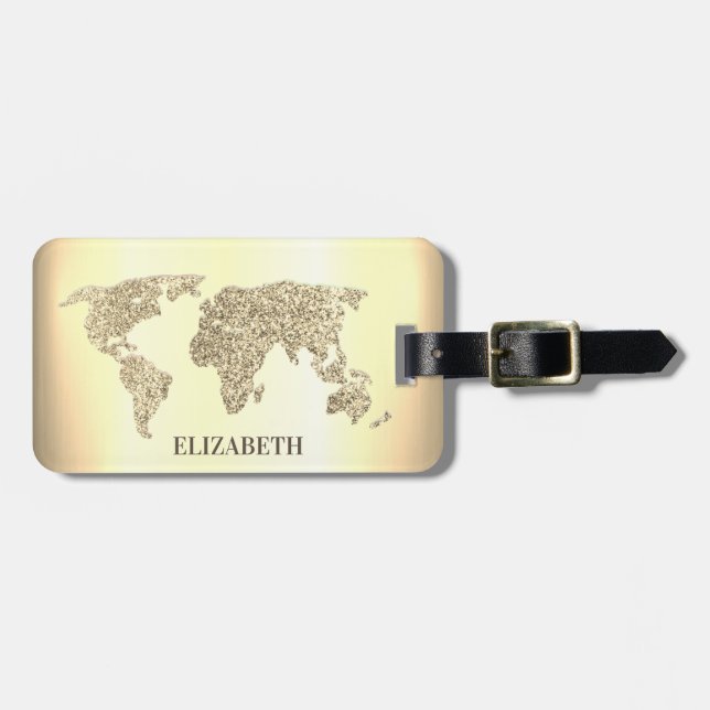Eleganter Gold Glitzer World Map Travel Gepäckanhänger (Vorderseite horizontal)