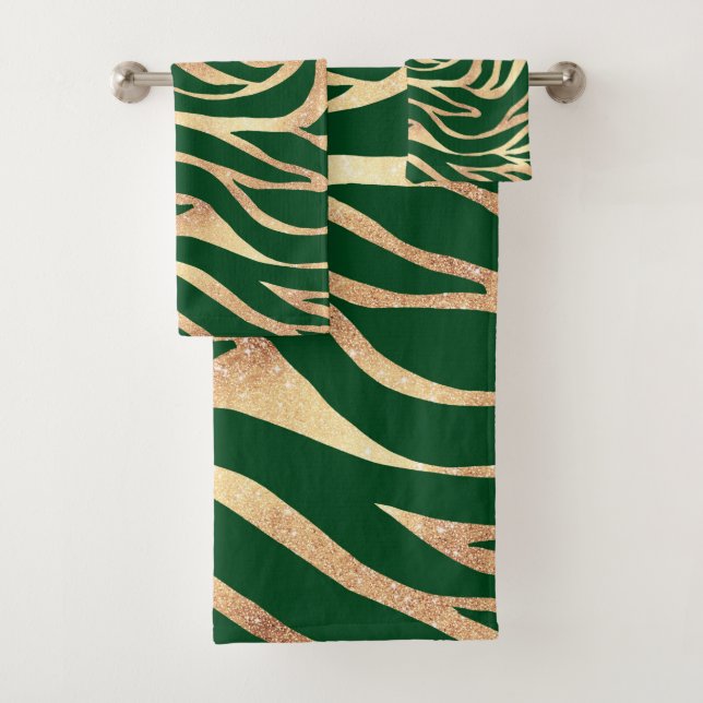Eleganter Gold Glitzer Zebra Green Animal Print Badhandtuch Set (Insitu)