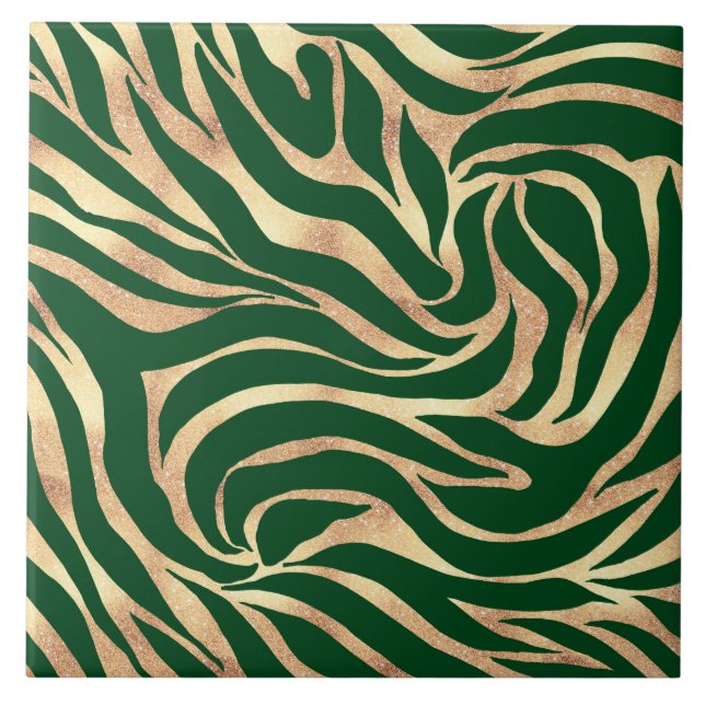 Eleganter Gold Glitzer Zebra Green Animal Print Fliese (Vorderseite)