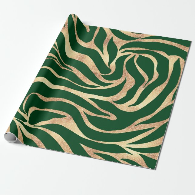 Eleganter Gold Glitzer Zebra Green Animal Print Geschenkpapier (Ungerollt)