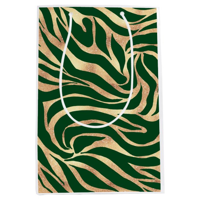 Eleganter Gold Glitzer Zebra Green Animal Print Mittlere Geschenktüte (Vorderseite)