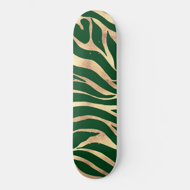 Eleganter Gold Glitzer Zebra Green Animal Print Skateboard (Vorderseite)