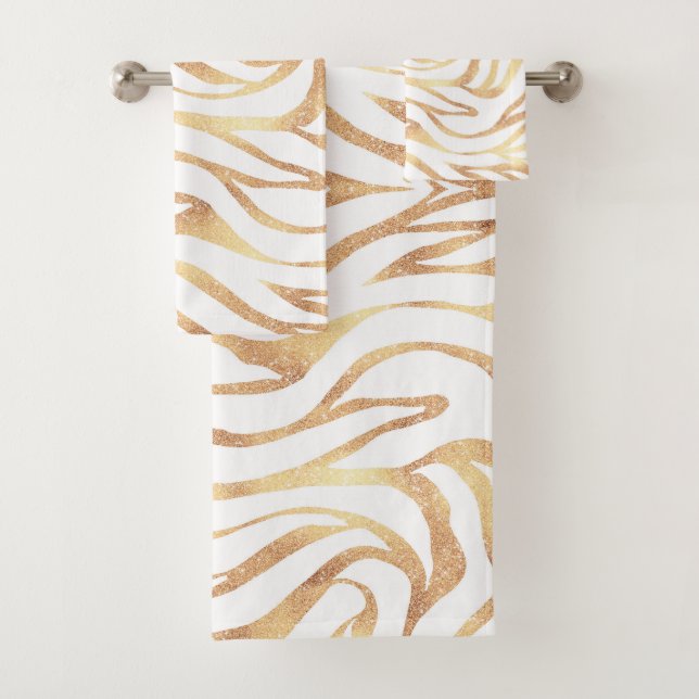 Eleganter Gold Glitzer Zebra White Animal Print Badhandtuch Set (Insitu)