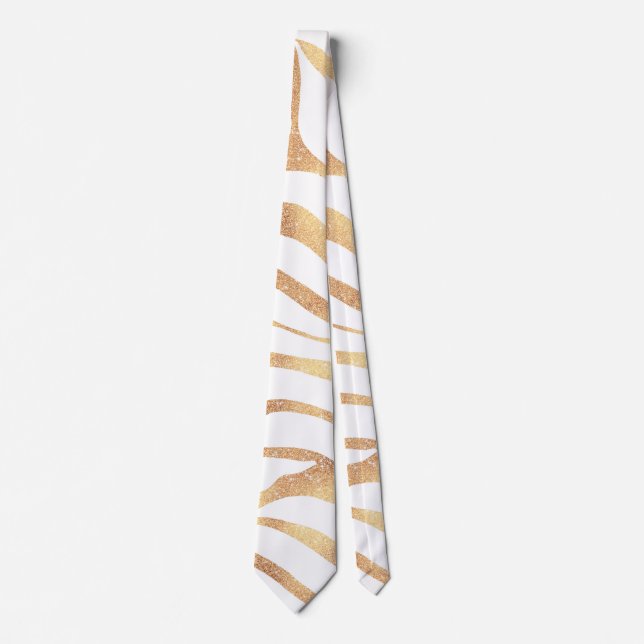 Eleganter Gold Glitzer Zebra White Animal Print Krawatte (Vorderseite)