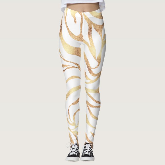 Eleganter Gold Glitzer Zebra White Animal Print Leggings (Vorderseite)