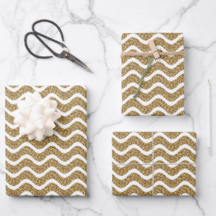 Eleganter Gold Glitzer Zickzack Streifen Geschenkpapier Set