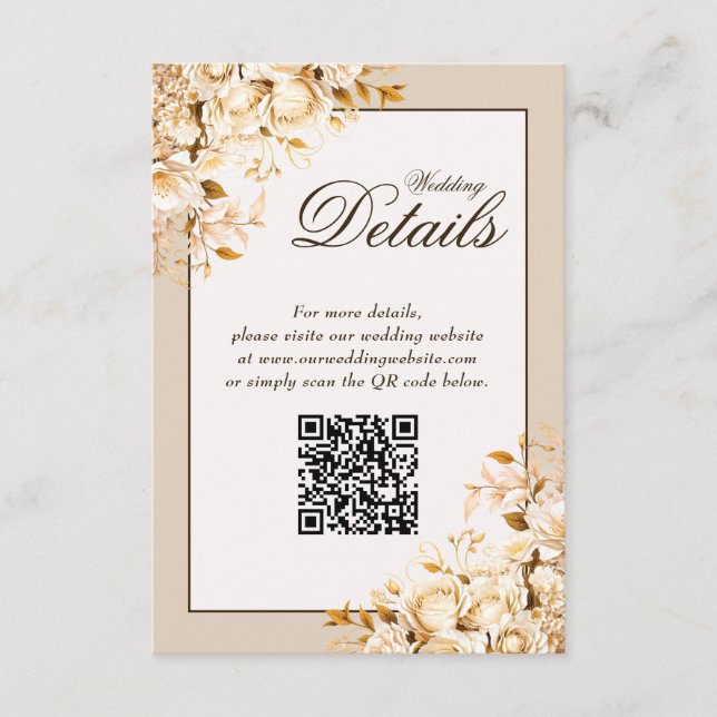Eleganter Gold Ivory Floral Wedding QR Code Detail Begleitkarte (Vorderseite)