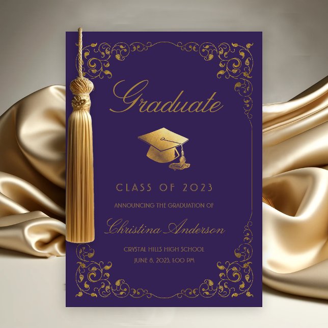 Eleganter Gold Ivy Grad Cap Lila Abschluss Ankündigung (Gold Ivy Leaf on Purple Graduation Announcement)