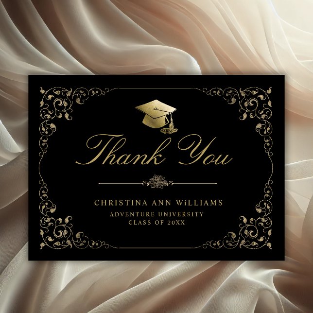 Eleganter Gold Ivy Script Black Abschluss Dankeskarte (Elegant Ivy Gold Leaf Graduation Thank You Card)