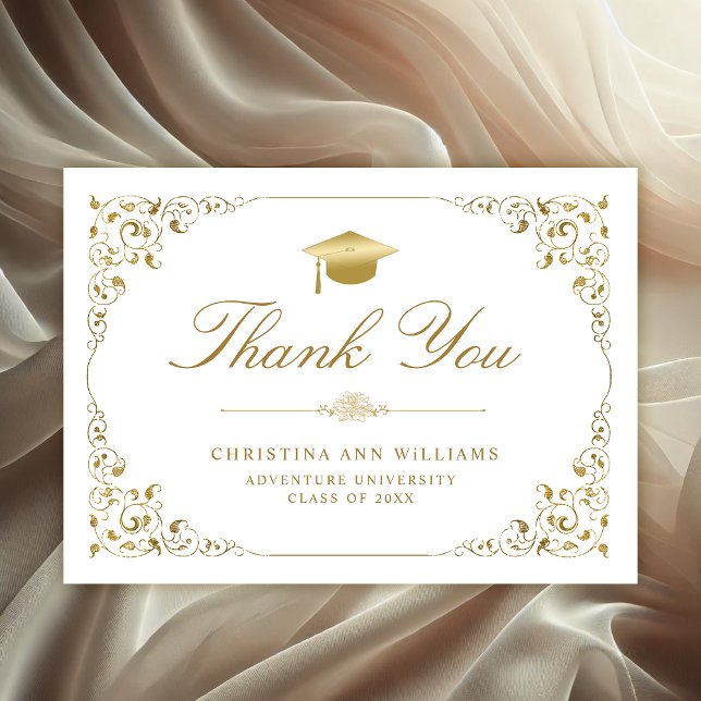 Eleganter Gold Ivy Script White Abschluss Dankeskarte (Elegant white and gold ivy leaf Graduation Thank you card)