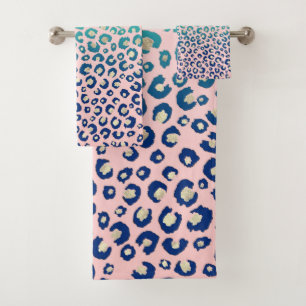 Eleganter Gold Leopard Print Blue Mint Gradient Pi Badhandtuch Set