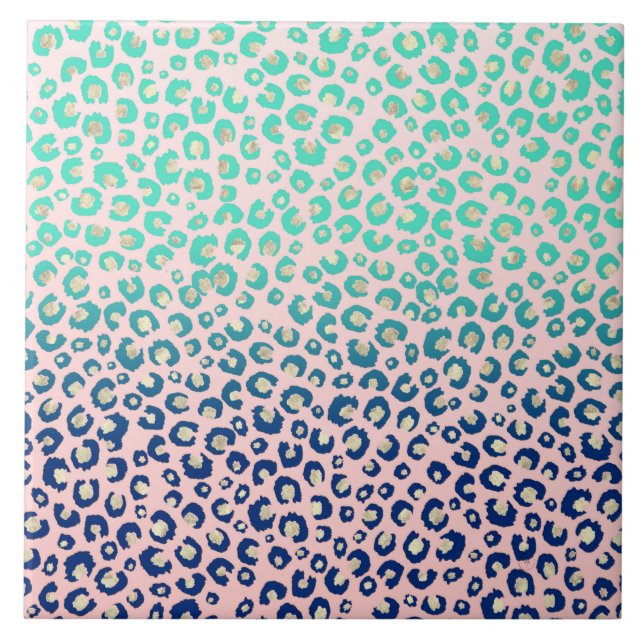 Eleganter Gold Leopard Print Blue Mint Gradient Pi Fliese (Vorderseite)