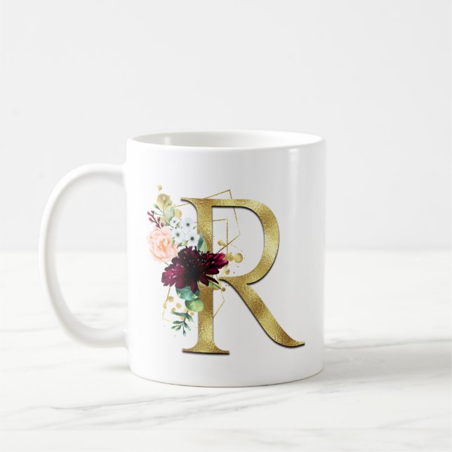 Eleganter Gold Letter R Blush Floral Monogram Kaffeetasse (Links)