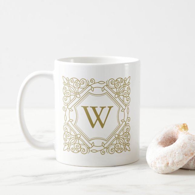 Eleganter Gold Monogram Zierrahmen Tasse (Mit Donut)