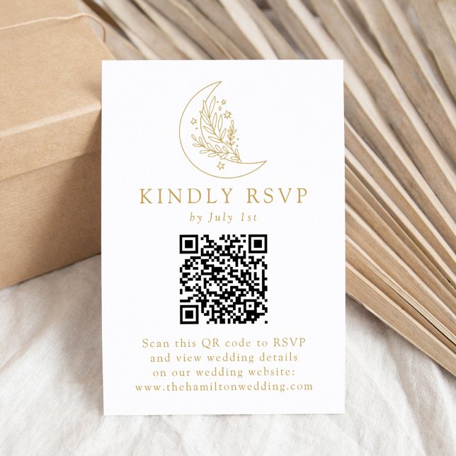 Eleganter Gold Moon and Stars QR Code Wedding RSVP Karte (Von Creator hochgeladen)