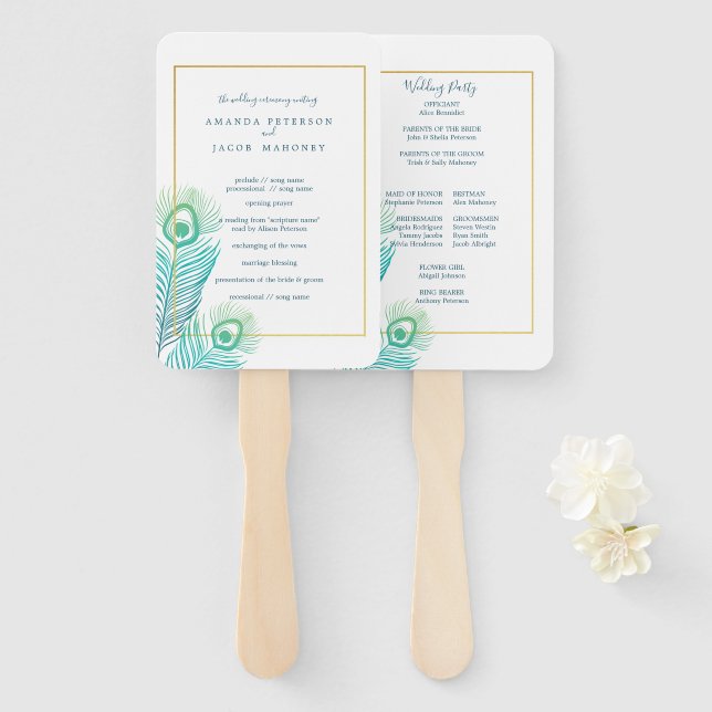 Eleganter Gold Peacock Wedding Program Hand Fan Fächer (Vorne und Hinten)