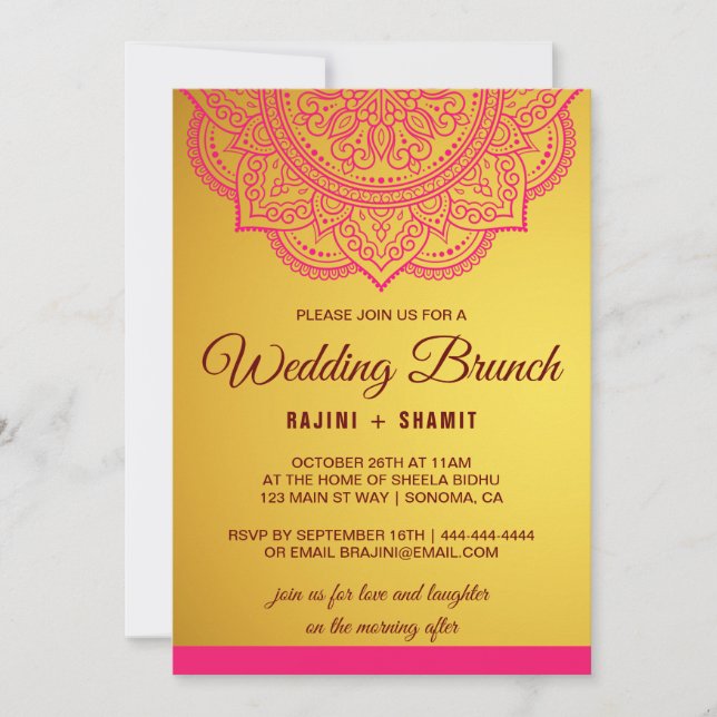Eleganter Gold Pink Red Paisley Wedding Brunch Inv Einladung (Vorderseite)