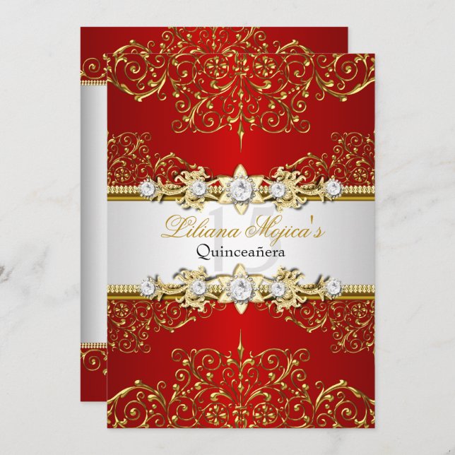Eleganter Gold Red Vintag Glamour Quinceanera Einladung (Vorne/Hinten)