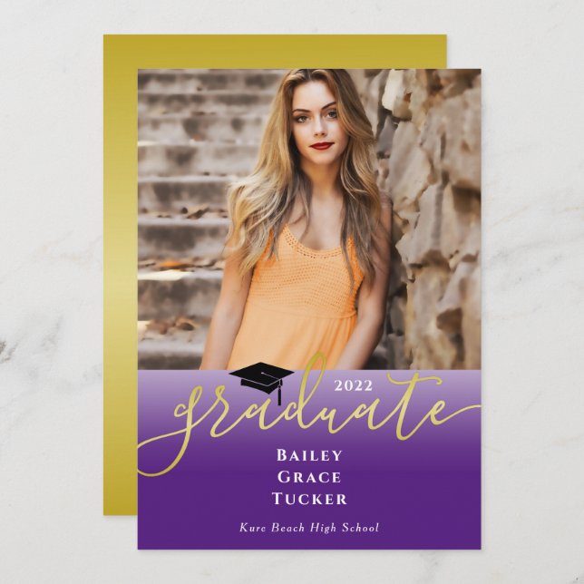 Eleganter Gold Royal Lila Foto Abschluss Einladung (Vorne/Hinten)