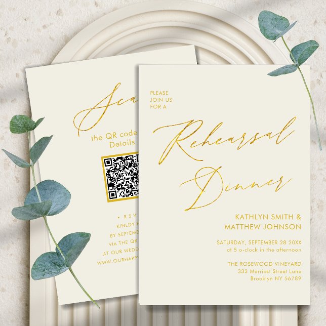 Eleganter Gold Script Cream Probe Dinner QR Code Einladung (Von Creator hochgeladen)