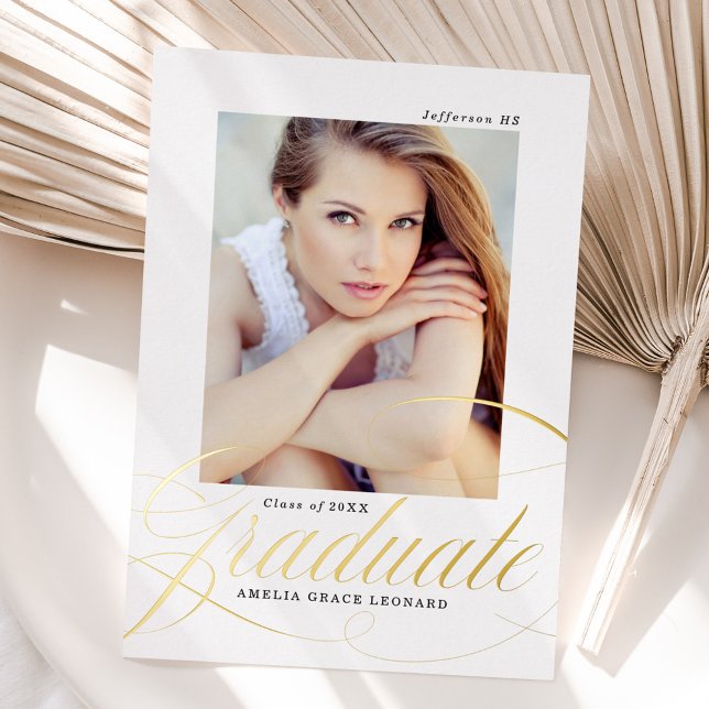 Eleganter Gold Script Foto Abschluss Folieneinladung (Von Creator hochgeladen)