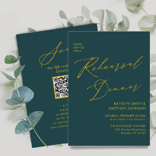 Eleganter Gold Script Green Probe Dinner QR Code Einladung
