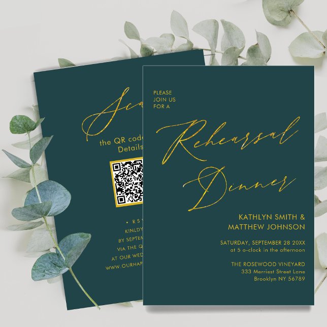 Eleganter Gold Script Green Probe Dinner QR Code Einladung (Von Creator hochgeladen)