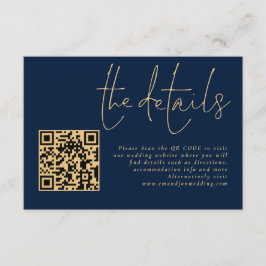 Eleganter Gold Script Navy QR Code Hochzeitsdetail Begleitkarte