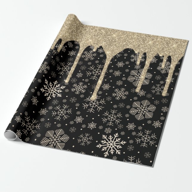 Eleganter Gold Snowflake Muster Dripping Glitzer Geschenkpapier (Ungerollt)