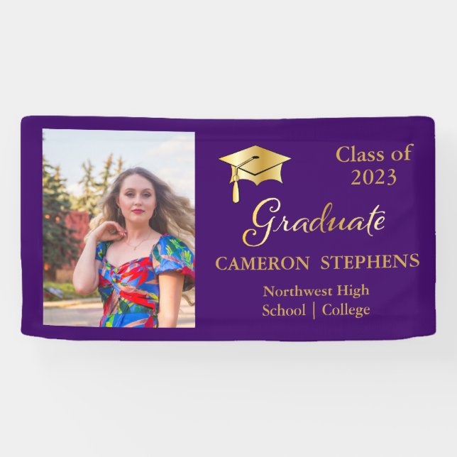 Eleganter Gold Tone auf Lila Graduate Foto Banner (Horizontal)