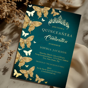 Eleganter Gold-Türkis-Schmetterling Quinceanera Folieneinladung