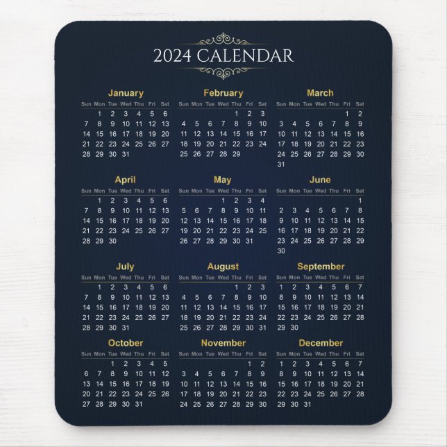 Eleganter Gold- und Blue-2024-Kalender | Mousepad (Vorne)