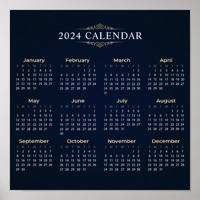 Eleganter Gold- und Blue-2024-Kalender | Poster (Vorne)