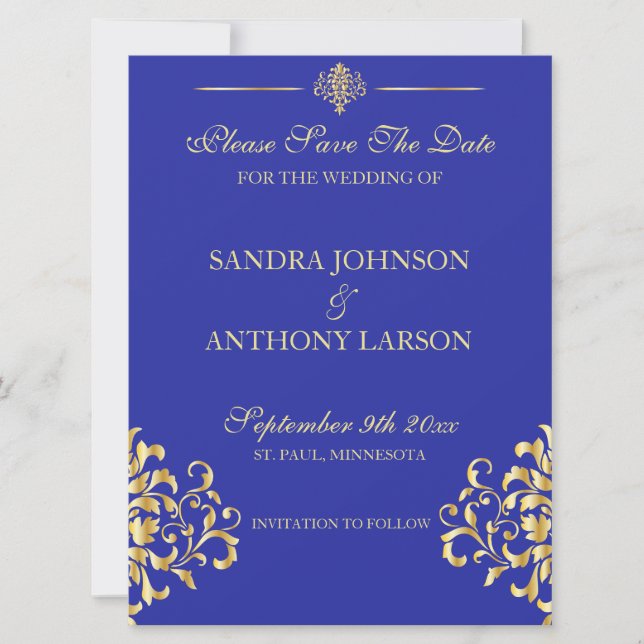 Eleganter Gold- und Blue Damask Save the Date (Vorderseite)